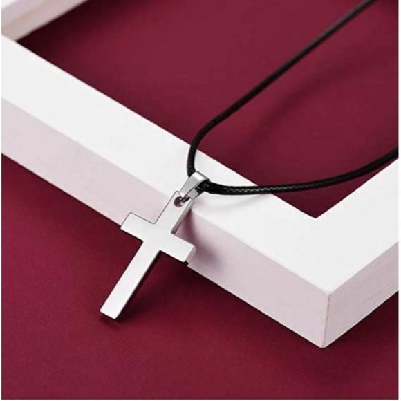 Stainless Steel Silver Cross Pendant Necklace Black Wax Leather C… - Picture 4 of 6